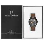 Montre Pierre Lannier homme automatique acier noir bracelet cuir marron - vue D2