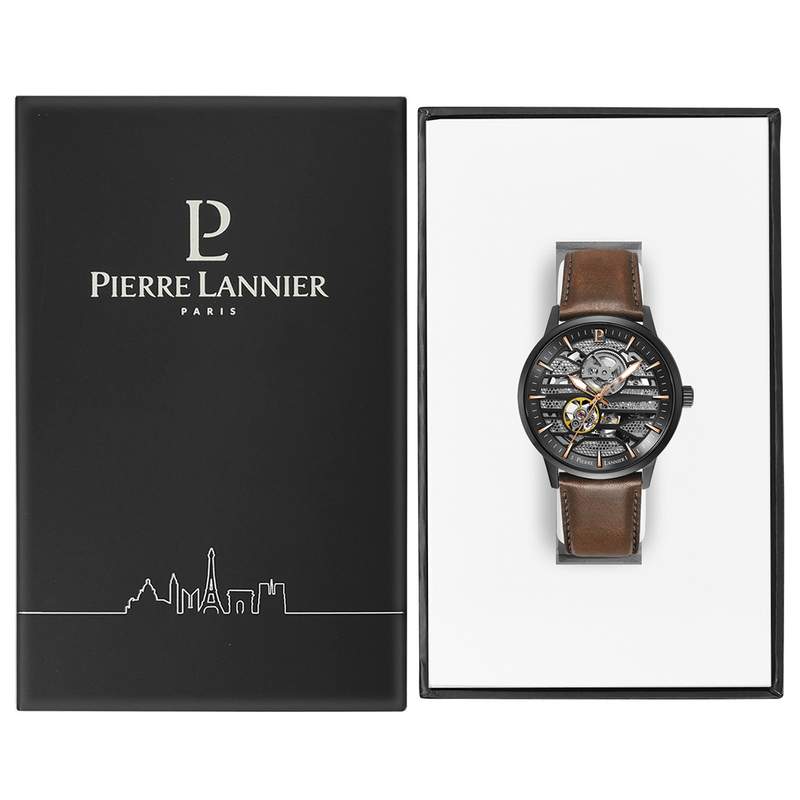 Montre Pierre Lannier homme automatique acier noir bracelet cuir marron - vue D2