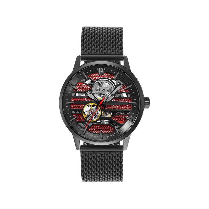 Montre Pierre Lannier homme automatique acier noir bracelet maille milanaise - vue 1