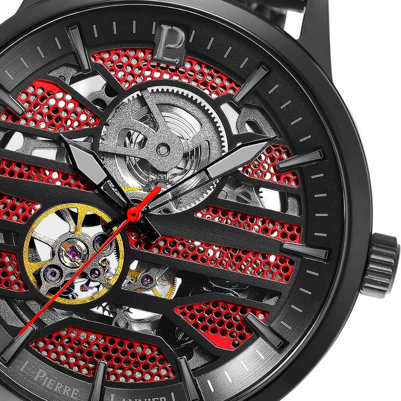 Montre Pierre Lannier homme automatique acier noir bracelet maille milanaise - vue D1