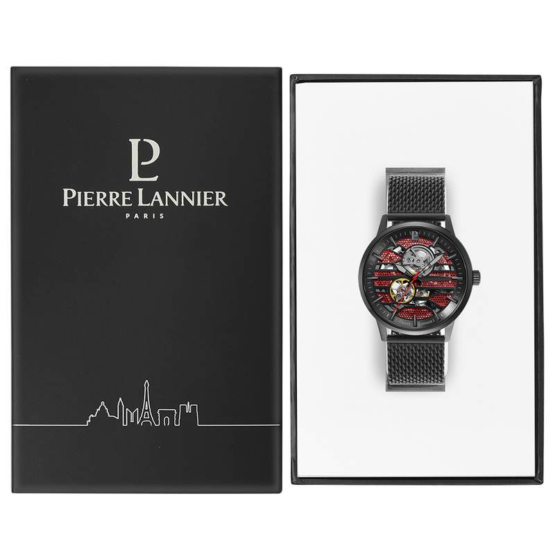 Montre Pierre Lannier homme automatique acier noir bracelet maille milanaise - vue D2