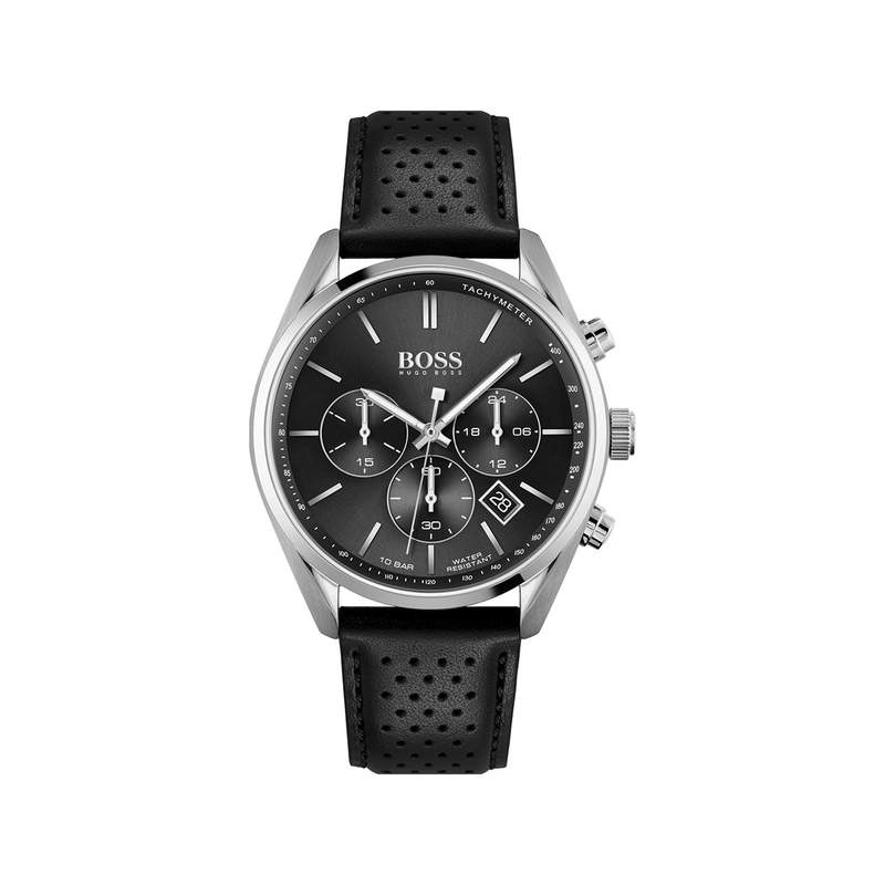 Montre Hugo Boss homme acier bracelet cuir noir - vue 1