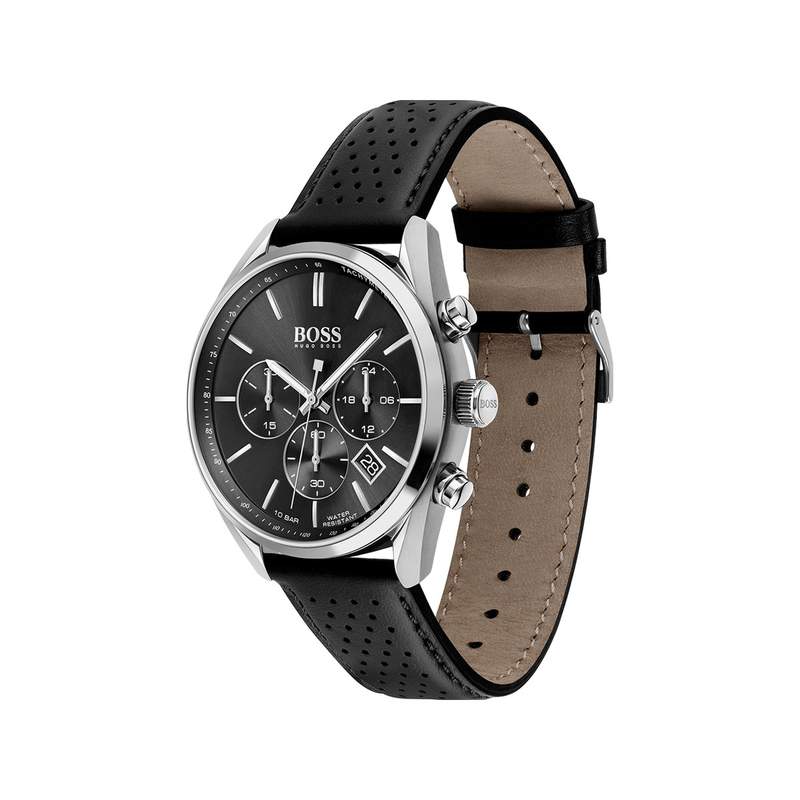 Montre Hugo Boss homme acier bracelet cuir noir - vue 2