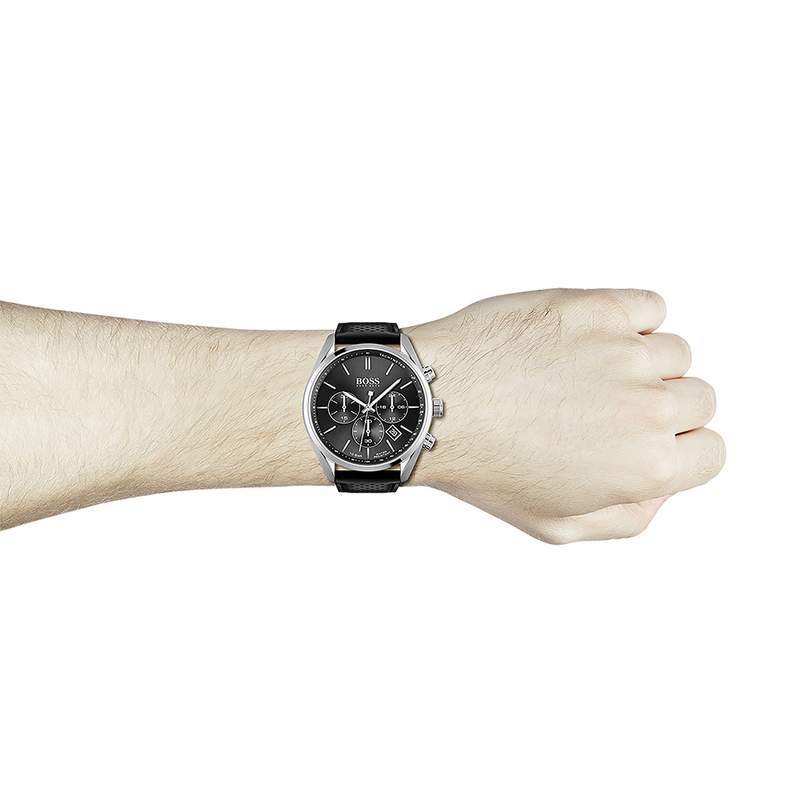 Montre Hugo Boss homme acier bracelet cuir noir - vue porté 1