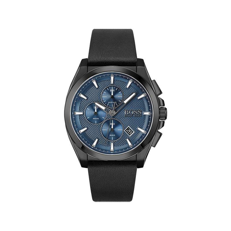 Montre Boss homme chronographe acier bracelet cuir noir - vue 1
