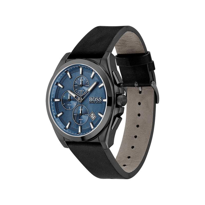 Montre Boss homme chronographe acier bracelet cuir noir - vue 2