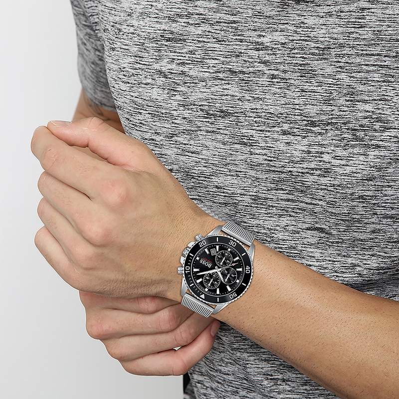Montre Boss homme chronographe acier maille milanaise - vue porté 1