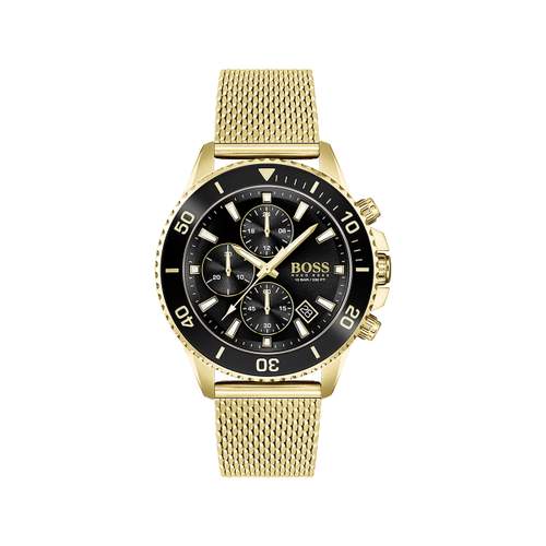 Montre Boss homme chronographe acier doré jaune maille milanaise