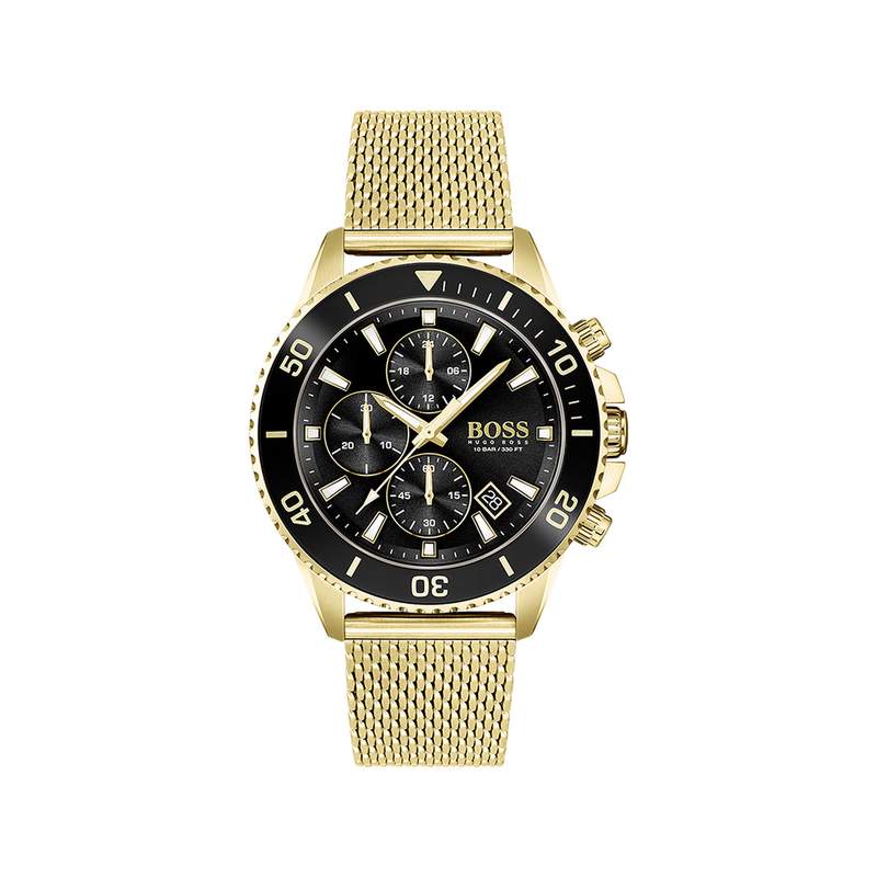 Montre Boss homme chronographe acier doré jaune maille milanaise - vue 1