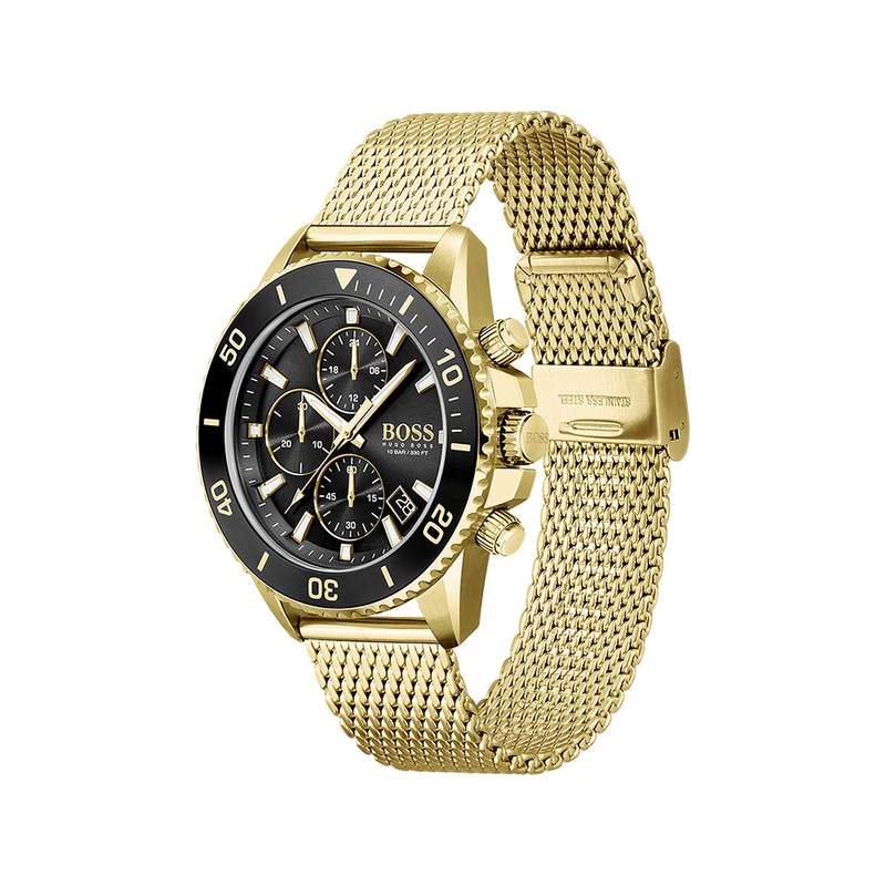 Montre Boss homme chronographe acier doré jaune maille milanaise - vue 2