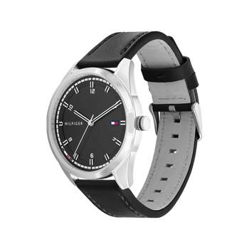Tommy Hilfiger herenhorloge van roestvrij staal met zwarte leren band