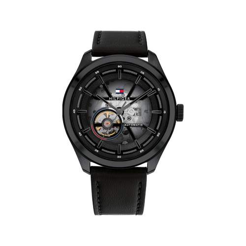 Tommy Hilfiger men's automatic watch black steel black leather strap