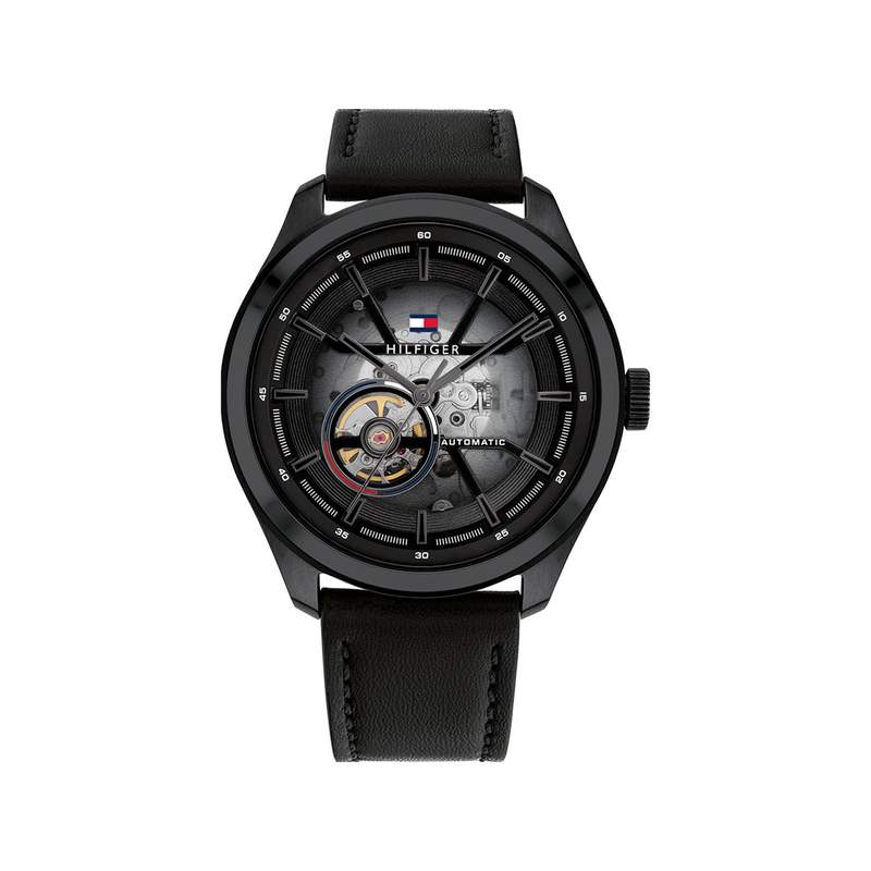 Montre Tommy Hilfiger homme automatique acier noir bracelet cuir noir - vue 1