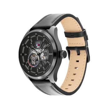 Tommy Hilfiger herenhorloge, automatisch, zwart staal, zwarte leren band