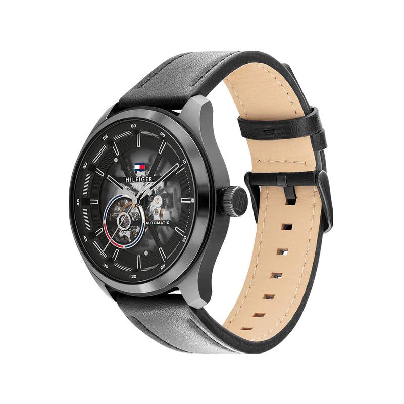 Montre Tommy Hilfiger homme automatique acier noir bracelet cuir noir - vue 2