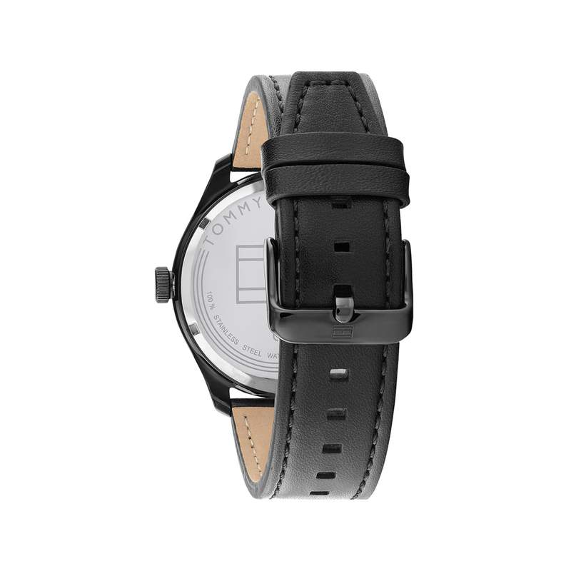 Montre Tommy Hilfiger homme automatique acier noir bracelet cuir noir - vue 3