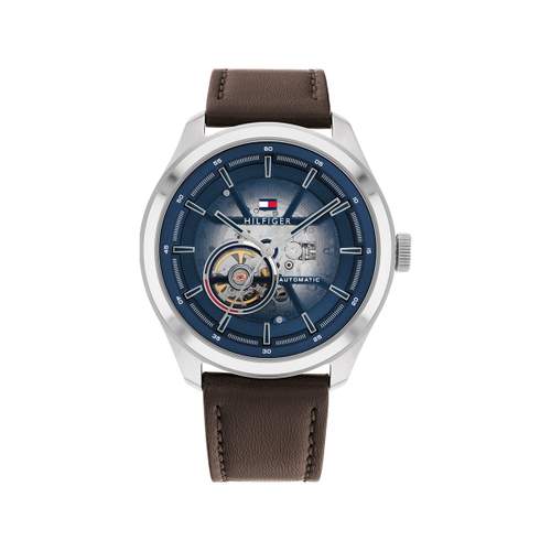 Tommy Hilfiger men's automatic steel watch with brown leather strap