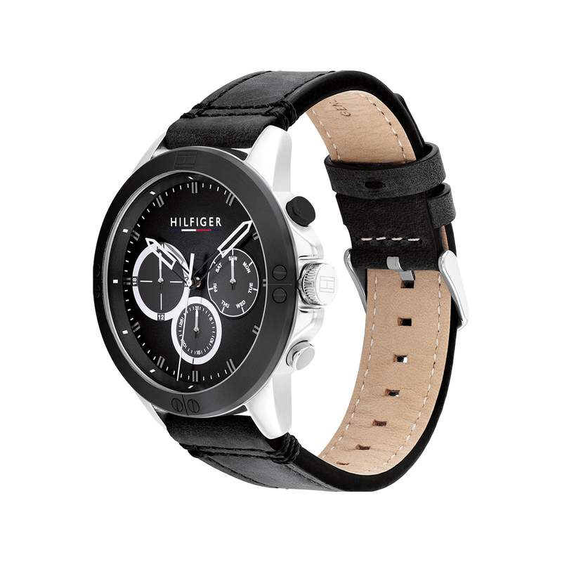 Montre Tommy Hilfiger homme acier bracelet cuir noir - vue 2