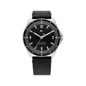 Tommy Hilfiger herenhorloge van roestvrij staal met zwarte leren band