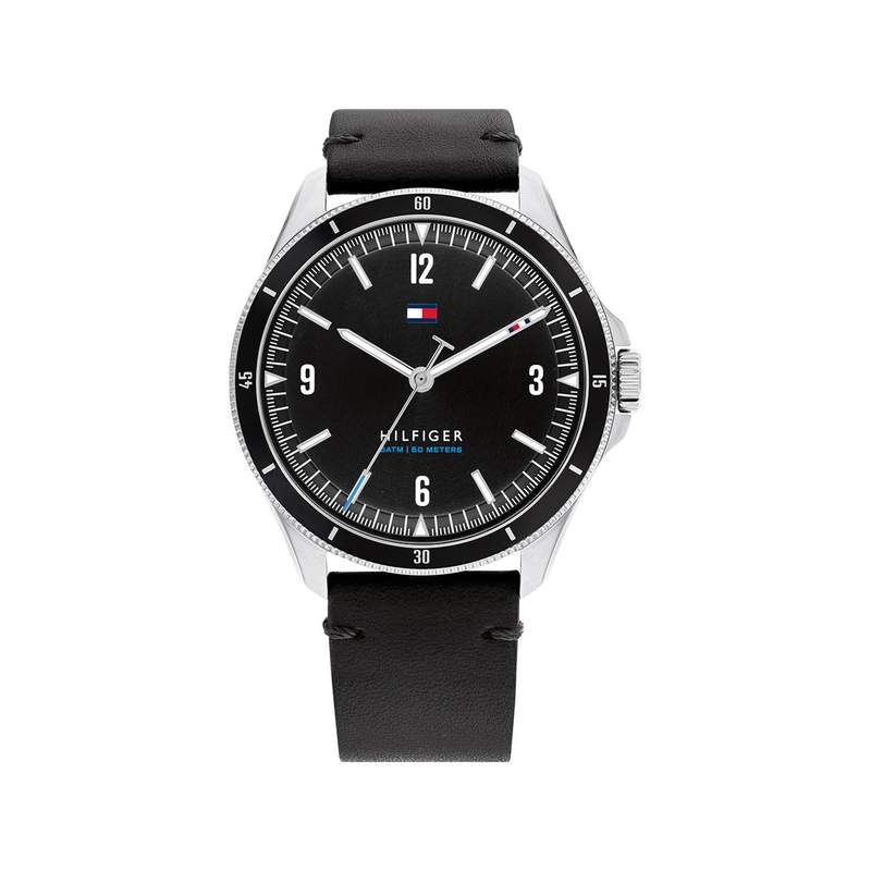 Montre Tommy Hilfiger homme acier bracelet cuir noir - vue 1