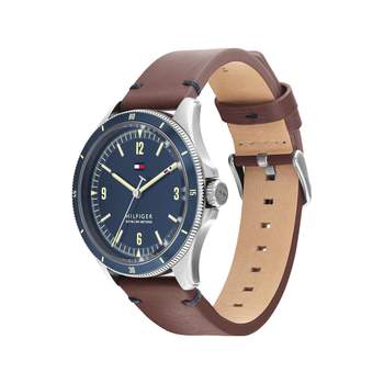 Tommy Hilfiger herenhorloge van roestvrij staal met bruine leren band