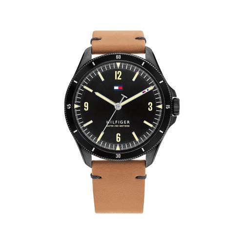 Tommy Hilfiger herenhorloge van zwart staal met bruine leren band
