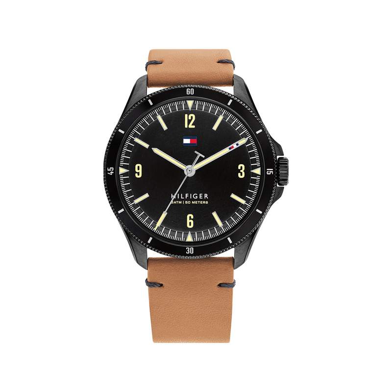 Montre Tommy Hilfiger homme acier noir bracelet cuir marron - vue 1