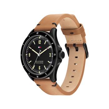 Tommy Hilfiger herenhorloge van zwart staal met bruine leren band