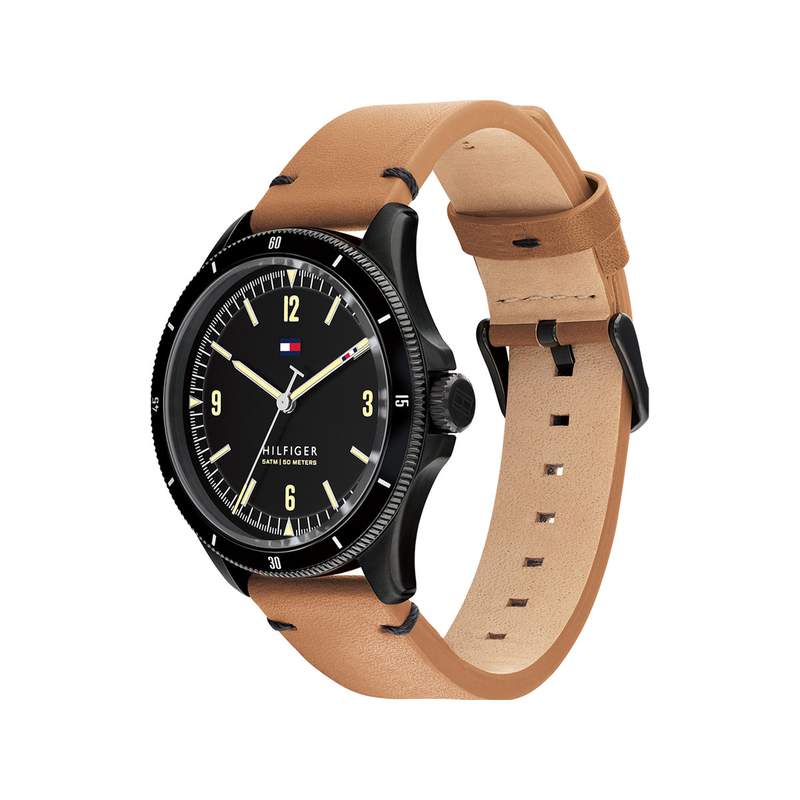 Montre Tommy Hilfiger homme acier noir bracelet cuir marron - vue 2