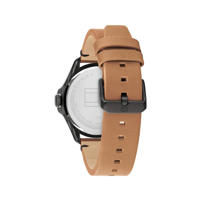 Montre Tommy Hilfiger homme acier noir bracelet cuir marron - vue 3