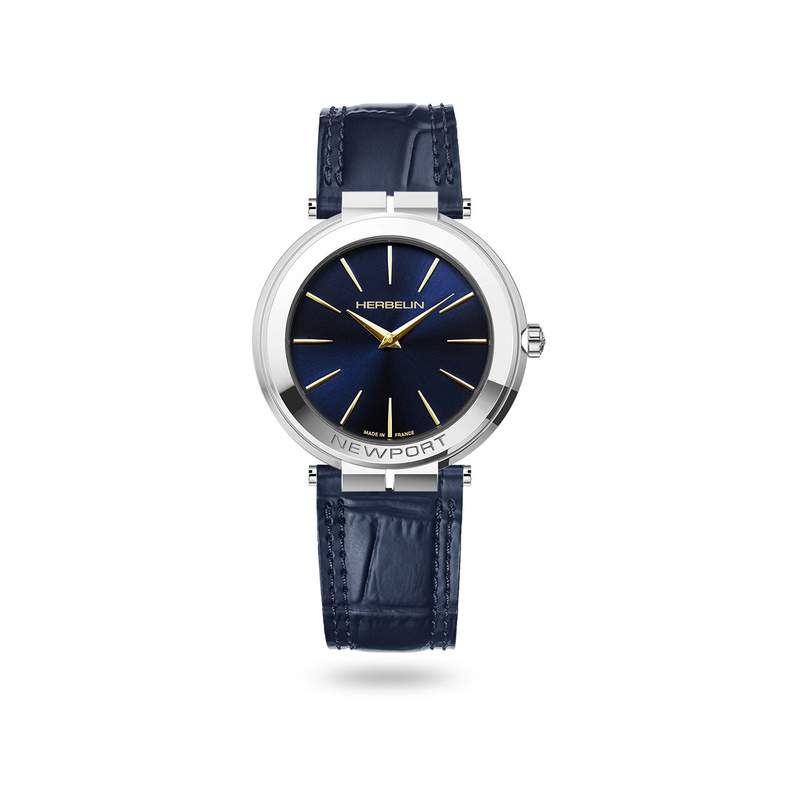 Montre Herbelin Newport homme acier bicolore bracelet cuir bleu - vue 1