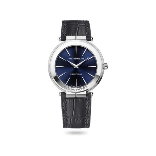 Herbelin Newport men's mechanical steel watch with black leather strap