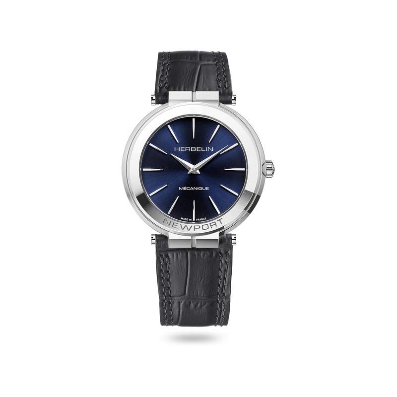 Montre Herbelin Newport homme mécanique acier bracelet cuir noir - vue 1