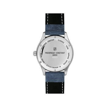 Frédérique Constant herenhorloge met automatisch uurwerk, stalen kast en blauwe leren band