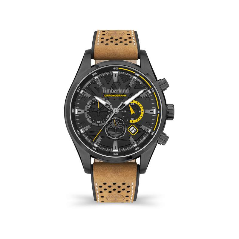 Montre Timberland homme chronographe acier noir bracelet cuir marron clair - vue 1