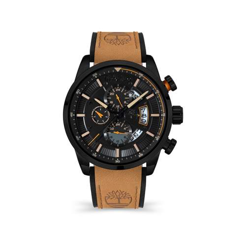 Timberland men's multifunction black steel watch with beige leather strap