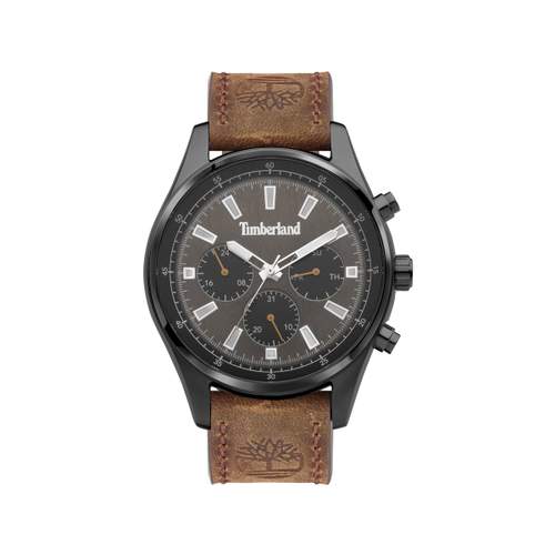 Timberland men's multifunction steel watch with brown leather strap