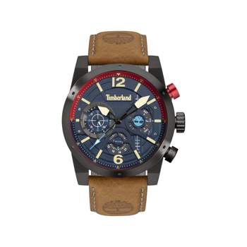 Multifunctioneel Timberland herenhorloge van zwart staal met bruine leren band