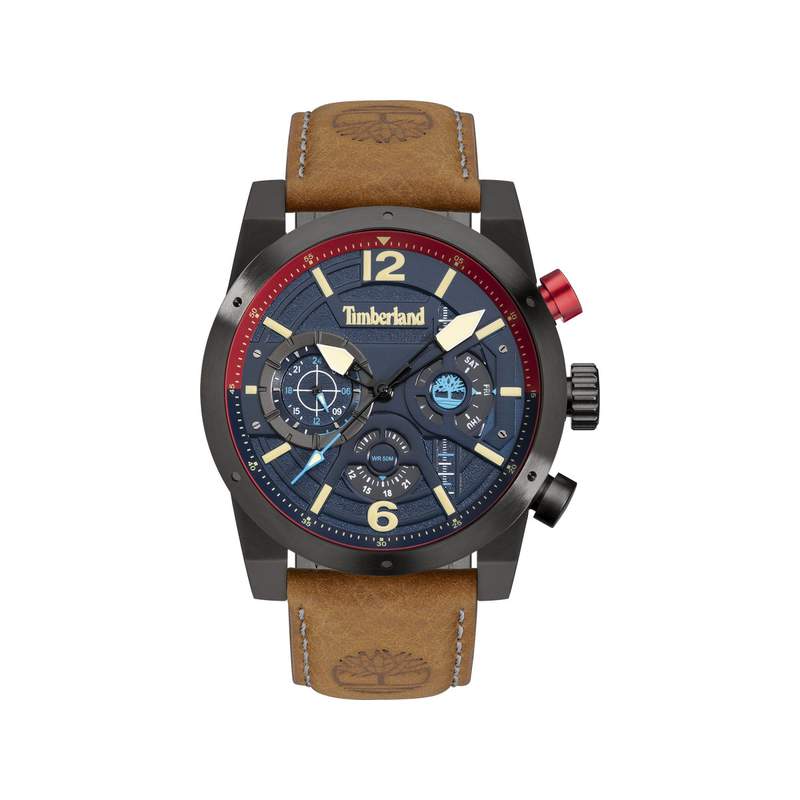 Montre Timberland homme multifonction acier noir bracelet cuir marron - vue 1