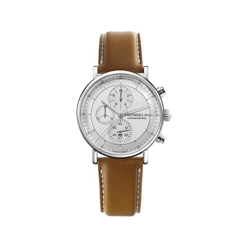 Montre Herbelin Classic homme chronographe acier bracelet cuir marron - vue 1