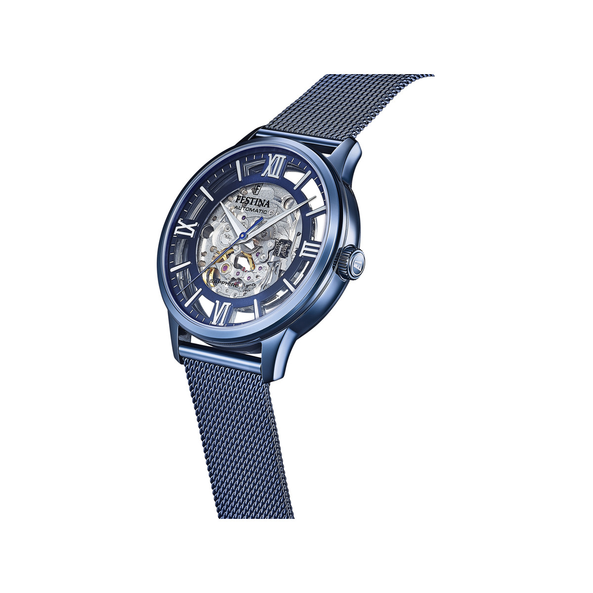Montre Festina homme automatique acier  bleu cadran squelette bracelet acier bleu maille milanaise - vue 2