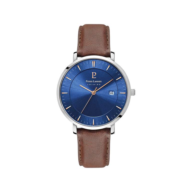 Montre Pierre Lannier homme solaire acier bracelet cuir brun - vue 1