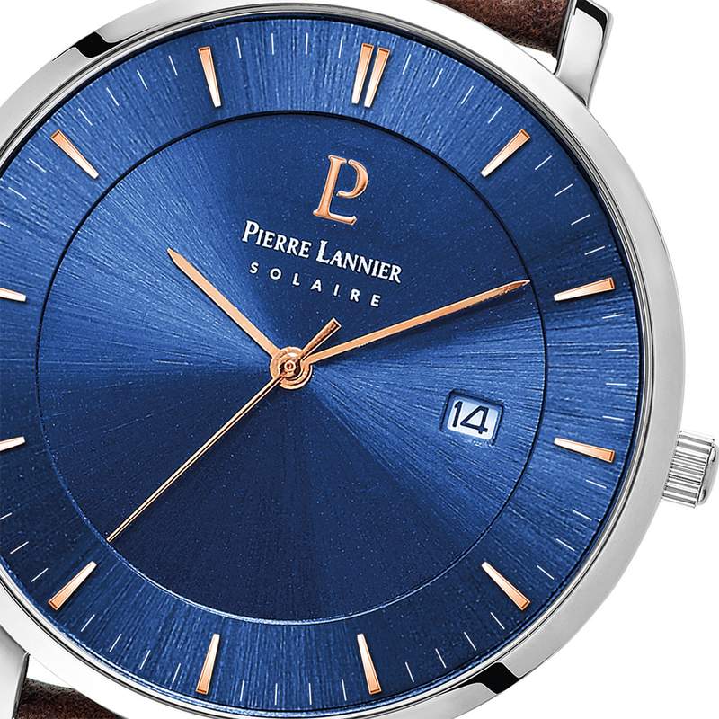 Montre Pierre Lannier homme solaire acier bracelet cuir brun - vue D1