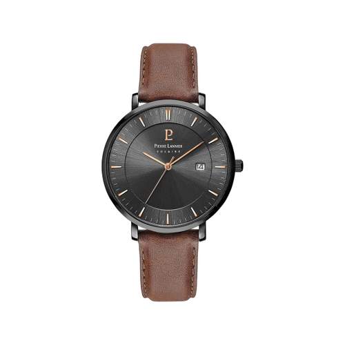 Montre Pierre Lannier homme solaire acier noir bracelet cuir brun