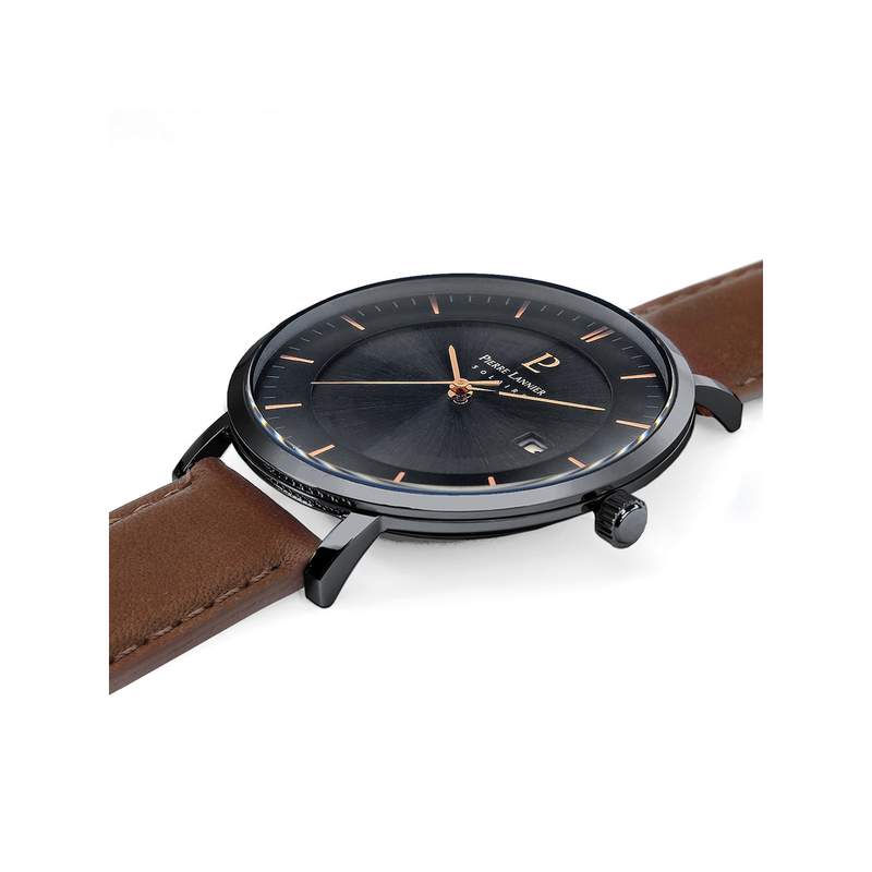 Montre Pierre Lannier homme solaire acier noir bracelet cuir brun - vue 2