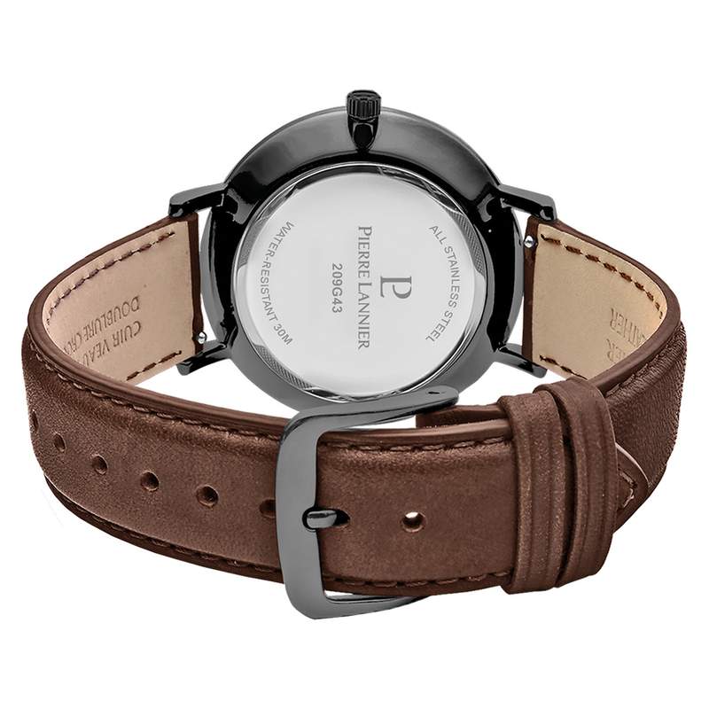Montre Pierre Lannier homme solaire acier noir bracelet cuir brun - vue 3