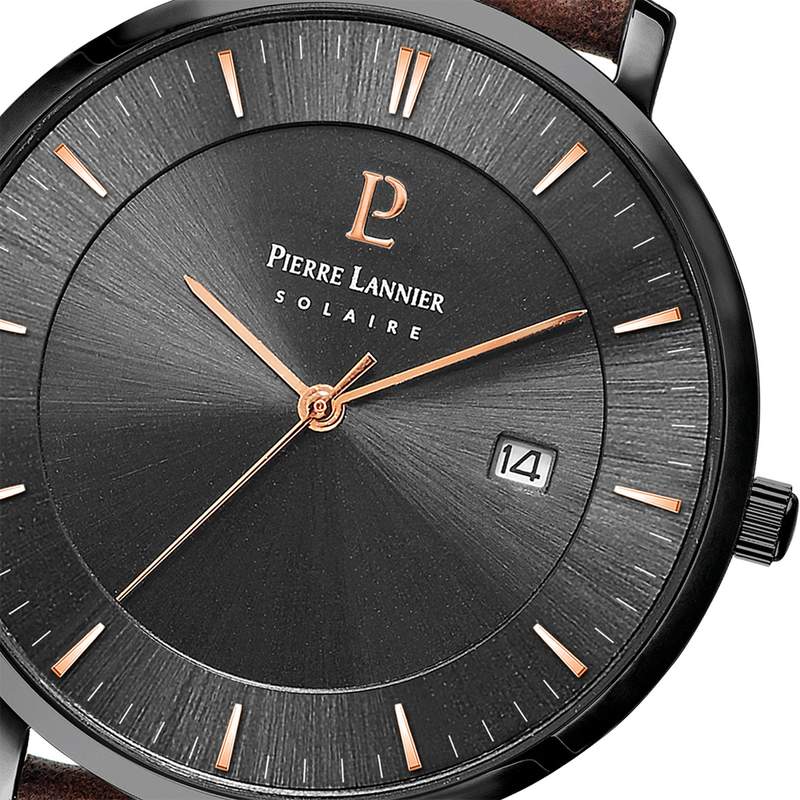 Montre Pierre Lannier homme solaire acier noir bracelet cuir brun - vue D1