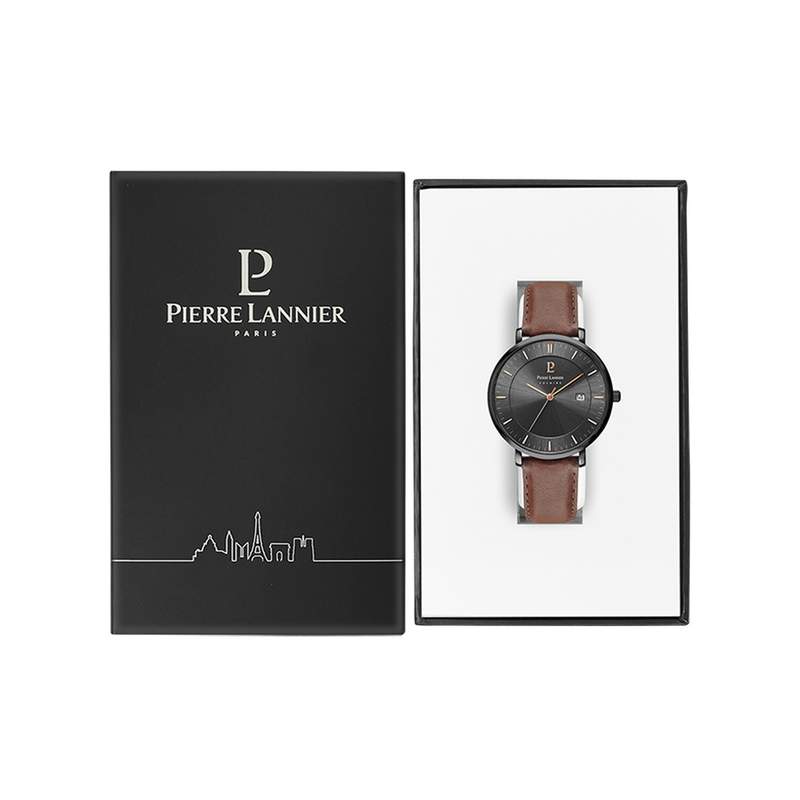 Montre Pierre Lannier homme solaire acier noir bracelet cuir brun - vue D2