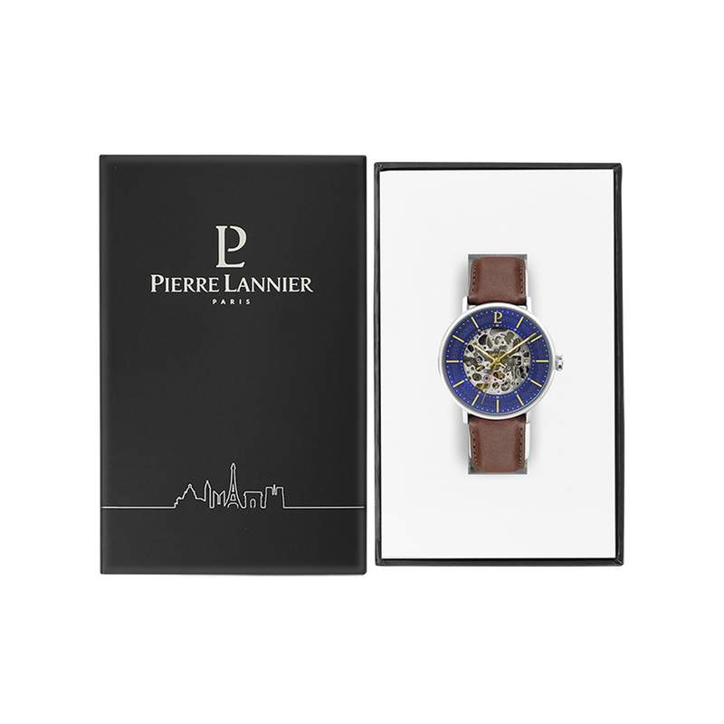Montre Pierre Lannier homme automatique acier bracelet cuir brun - vue D2