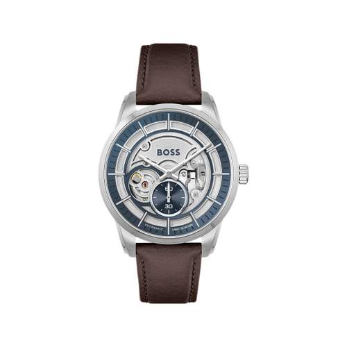 Montre Boss homme automatique acier bracelet cuir marron